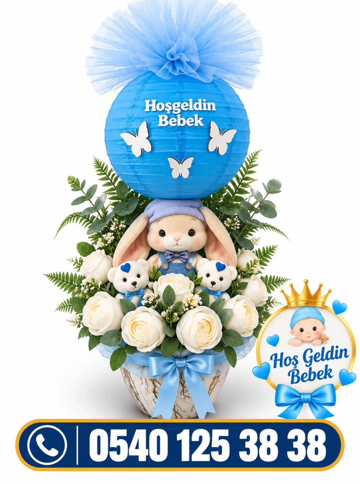 Mavi Balonlu Ve Peluş Tavşanlı Hoş Geldin Bebek Beyaz Gül Aranjmanı