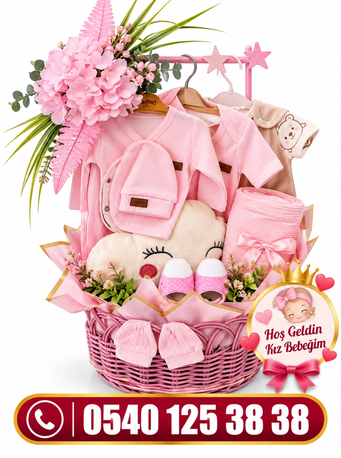 Pembe Ortancalı Hoş Geldin Kız Bebeğim Tasarım Sepet Aranjmanı