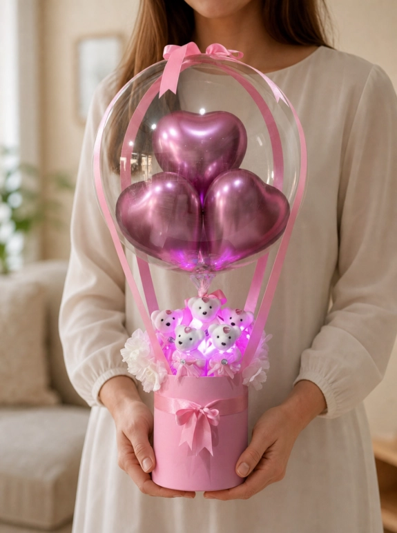 Balonlu Kutu Aranjman Pembe Ve Bolçi Çikolata Seti