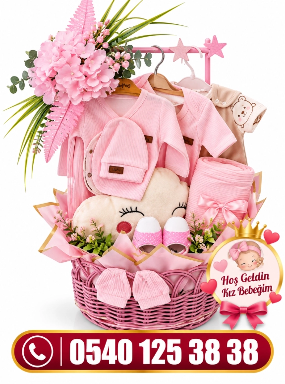 Pembe Ortancalı Hoş Geldin Kız Bebeğim Tasarım Sepet Aranjmanı